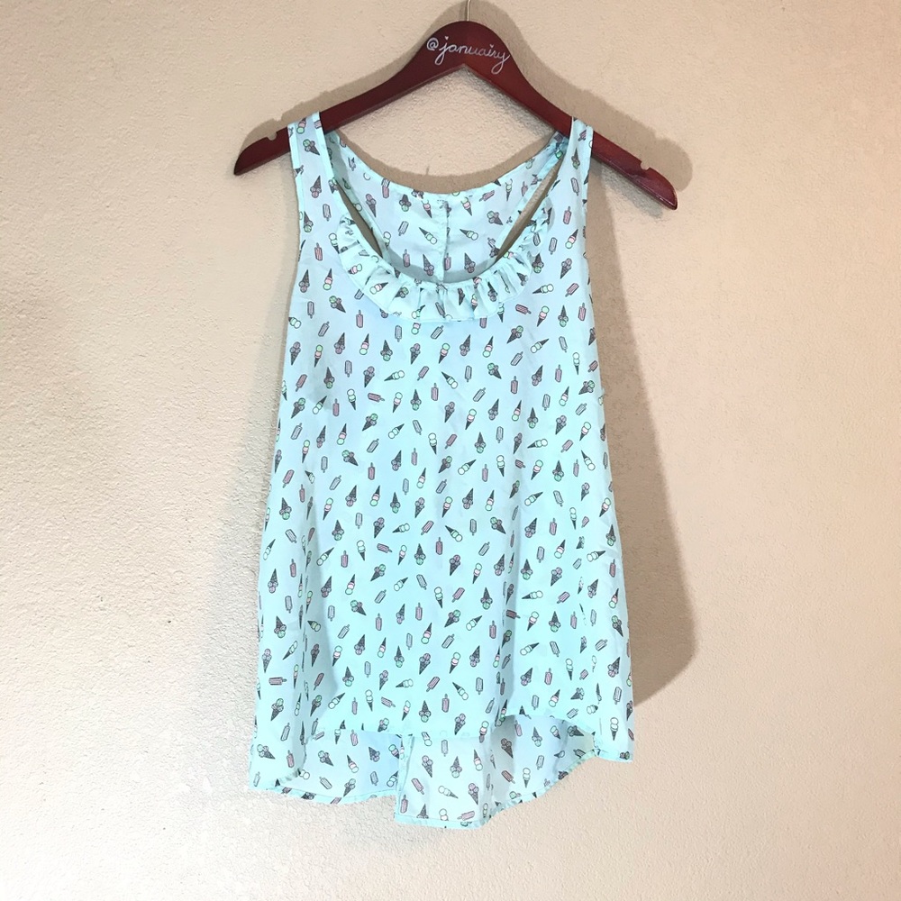 Ice cream print light blue ruffled tank top cute!
